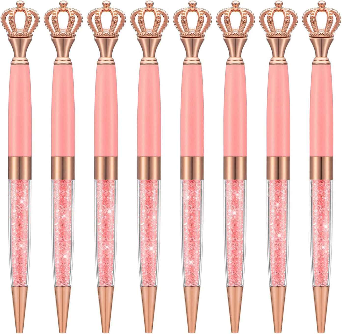 8 Pieces Crystal Crown Ballpoint Pen Set for Women Kid Girl Pink
