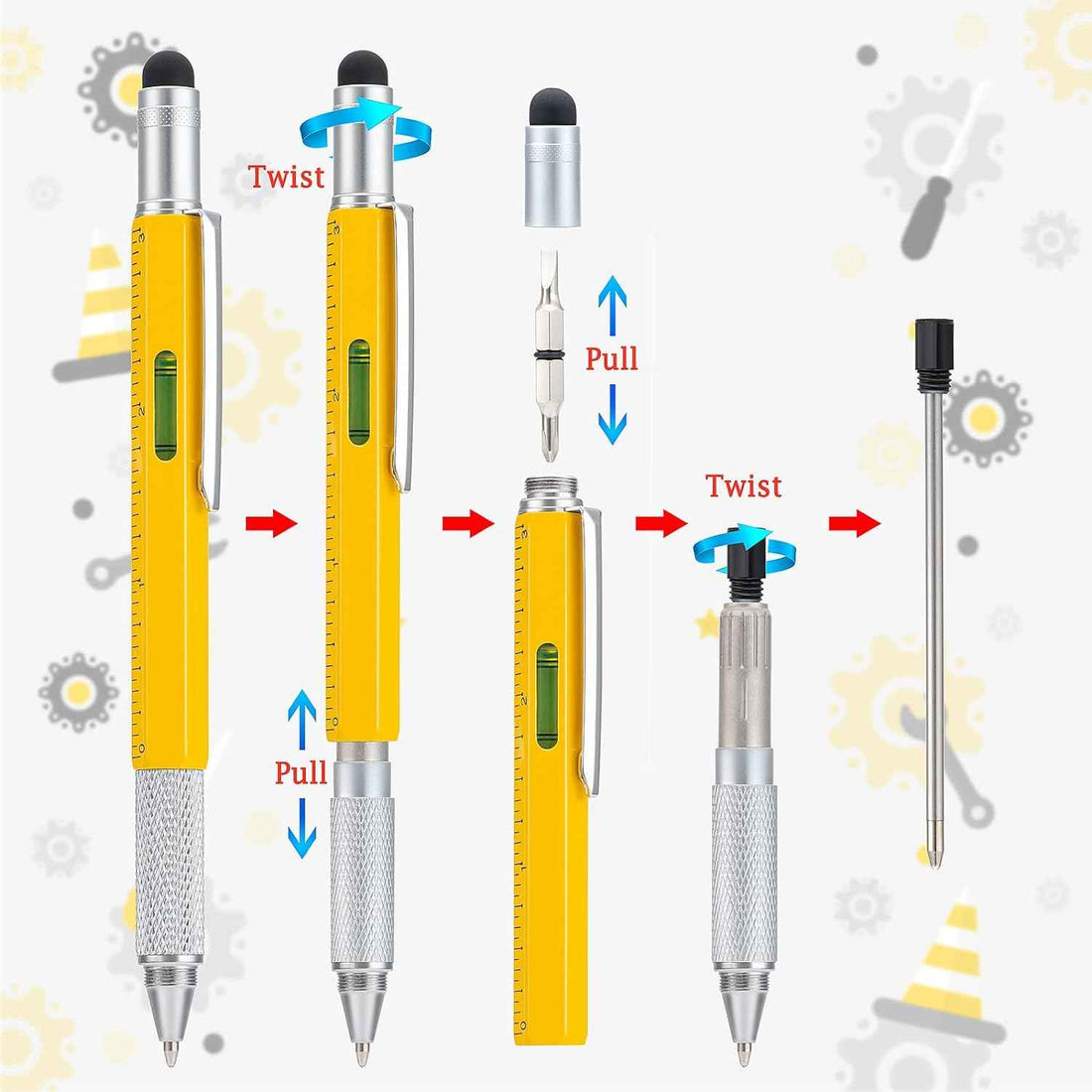 4 Pack 6IN1 Multitool Pen with Extra Refills Set Yellow