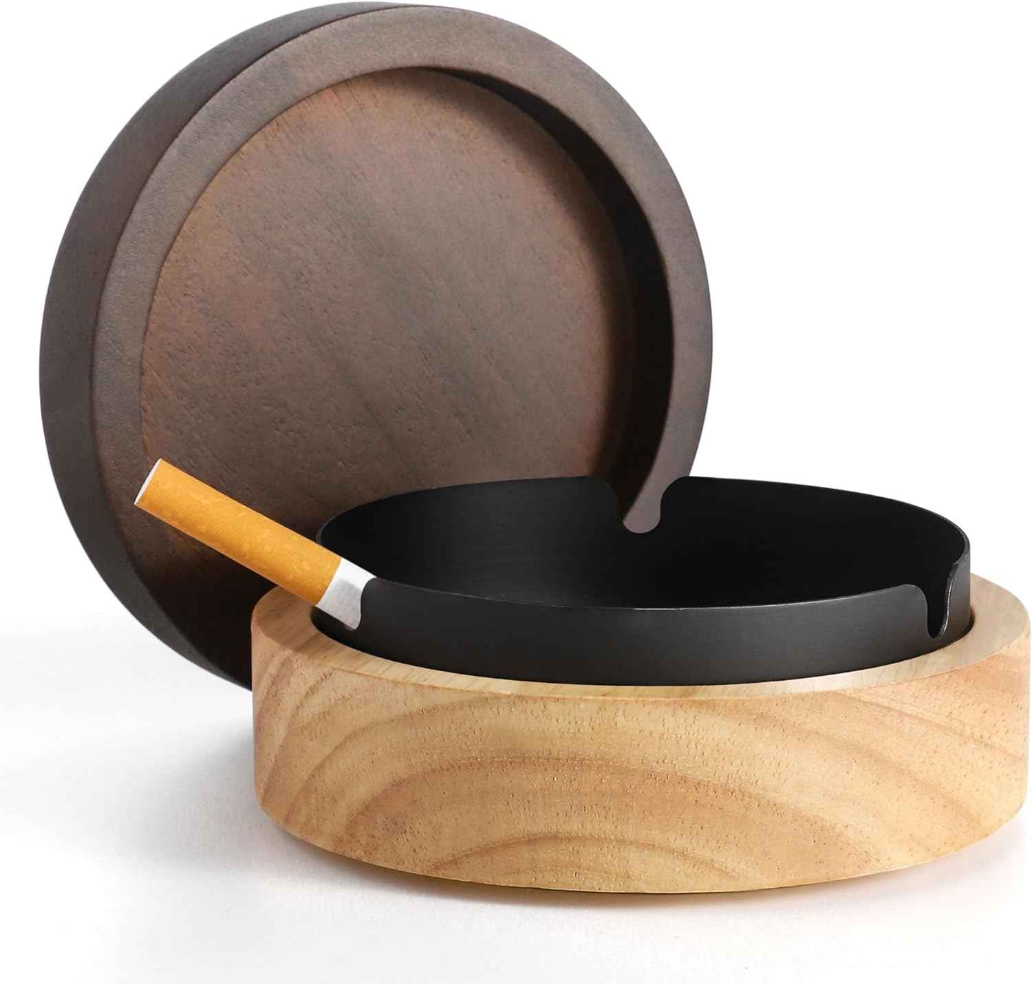 Wooden Stainless Steel Ashtray for Cigarettes with Lid Black 2