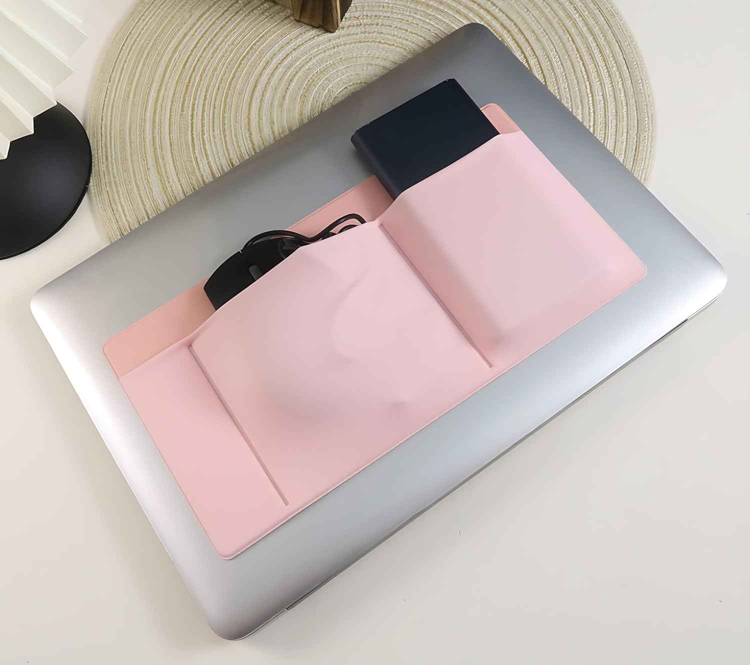 3-Pocket Organizer, Mouse Holder for Laptop Stick on Pink