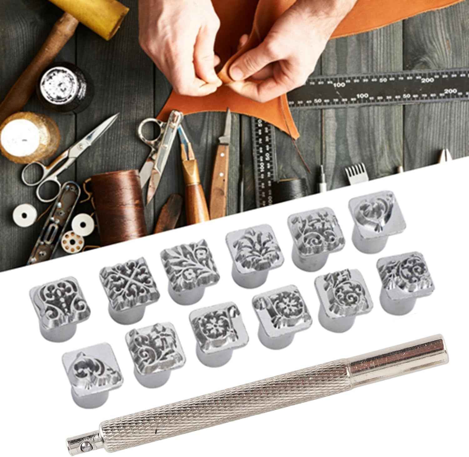 Leather stamp tool set with patterned square heads and long knurled handle
