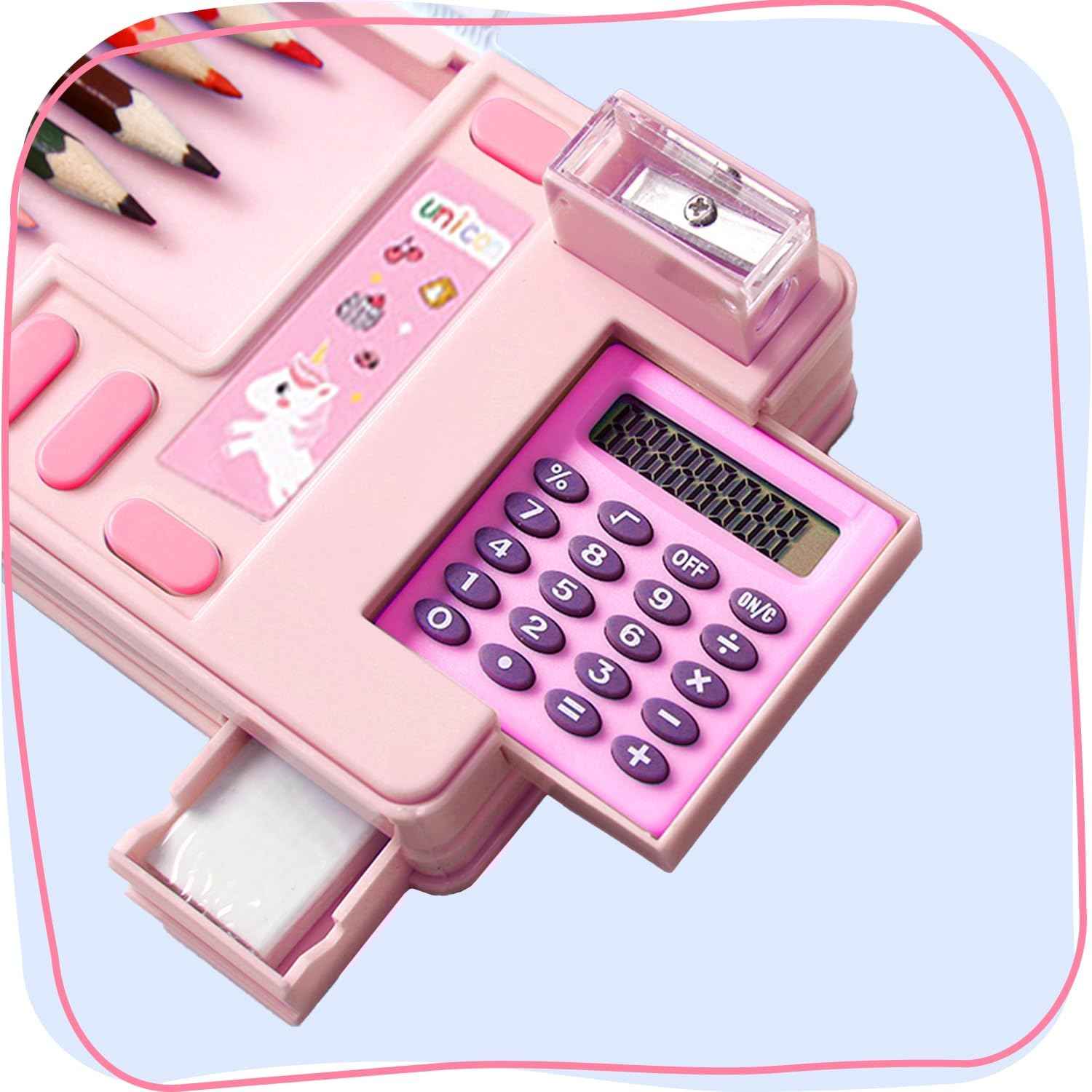 Multifunction Pencil Case with Calculator Sharpener Pink Unicorn