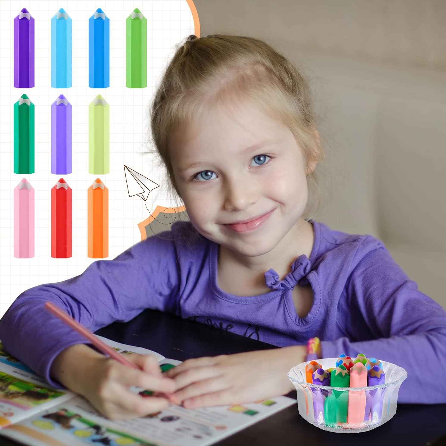 20Pcs Kids Pencil Shaped Erasers 10 Neon Colors