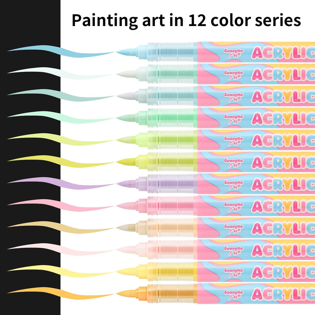 Guangna 8201 Acrylic Paint Marker Pens,12 Macaron Color Brush Tip E