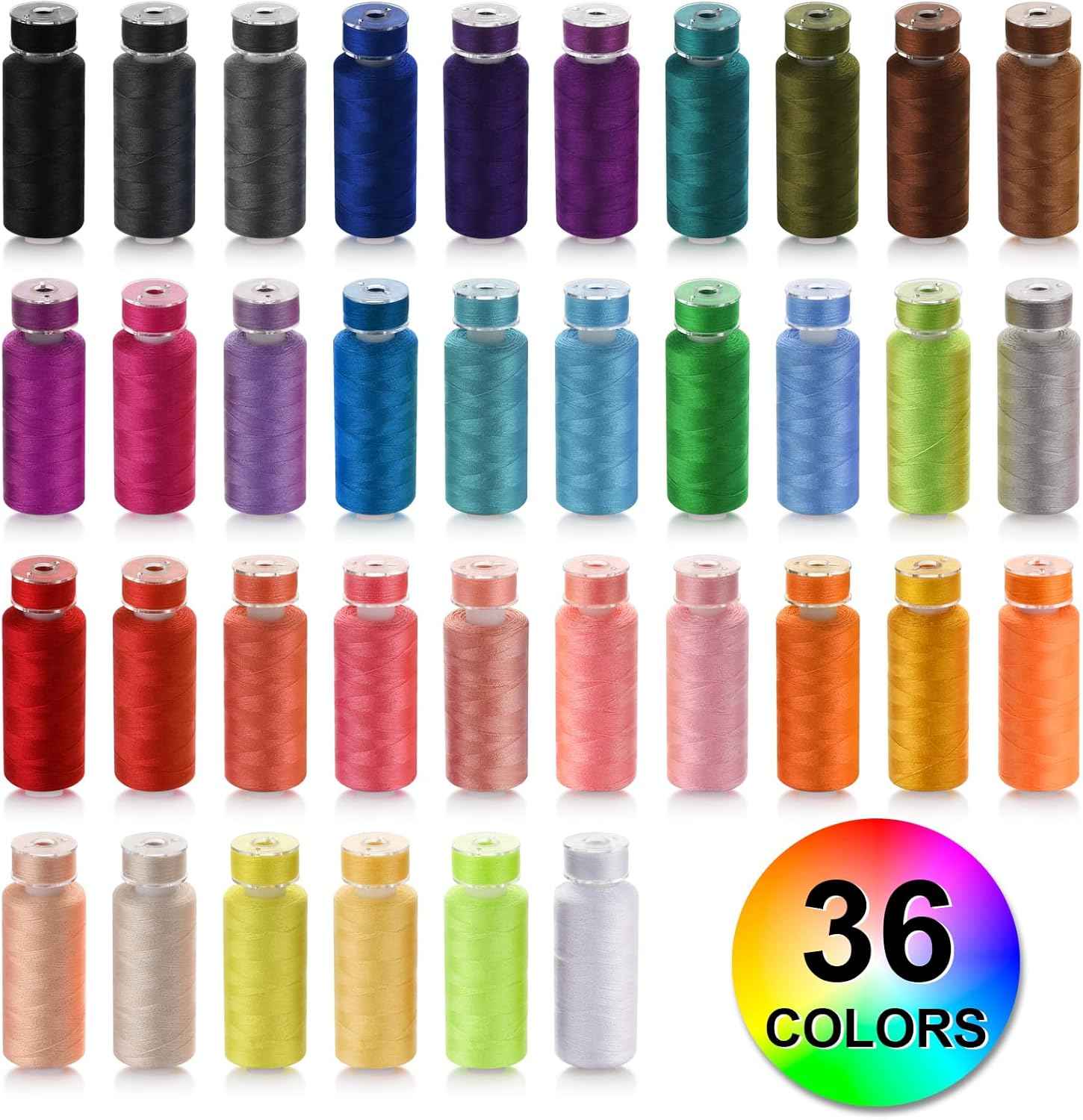 36-color sewing thread spools, assorted thread colors on small empty reels