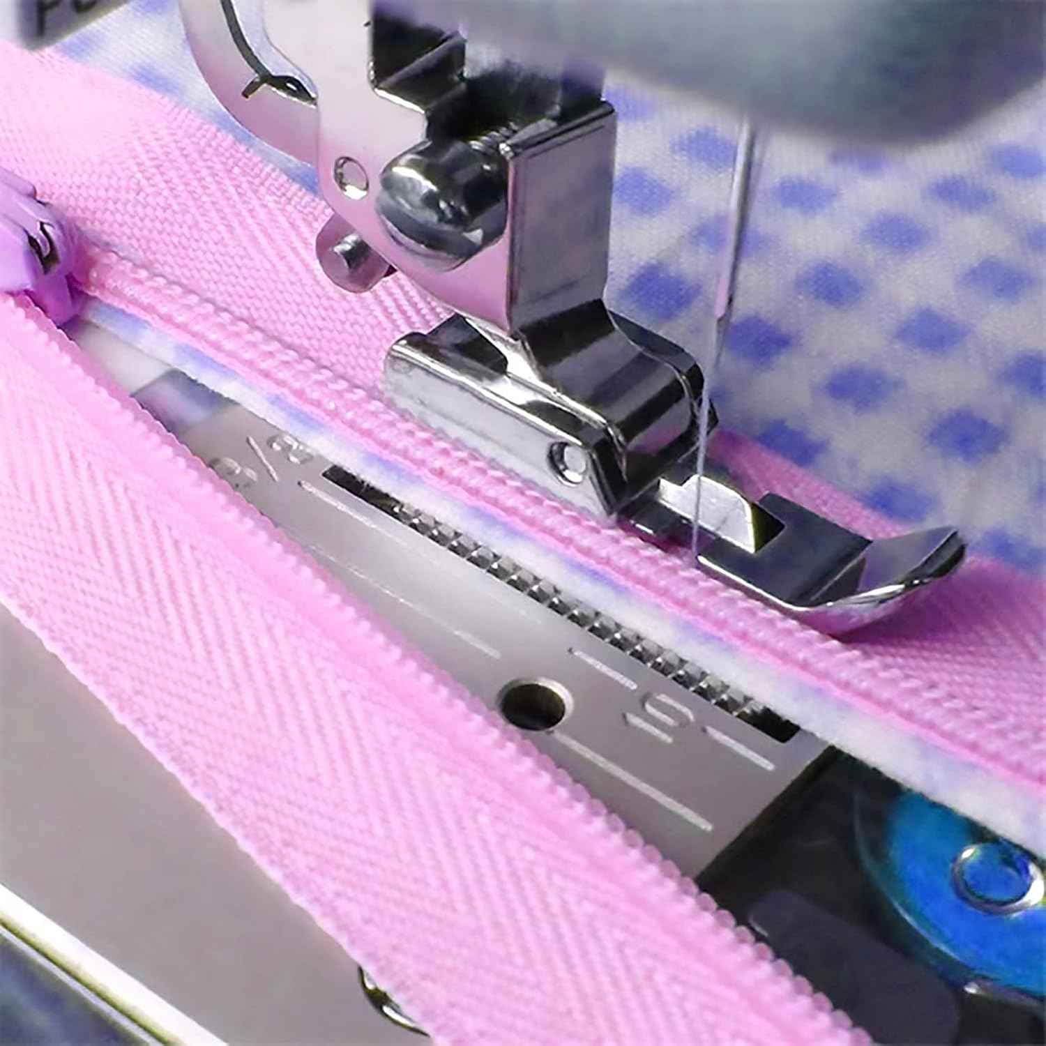 Zipper presser foot sewing a zipper seam on fabric, metal guide and foot