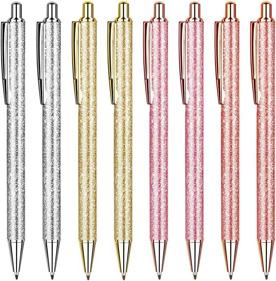 8Pcs Glitter Ballpoint Pens,Rose Gold Metal Retractable Journaling Pens