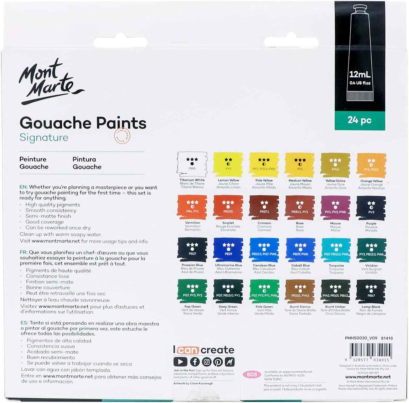 MONT MARTE Signature Gouache Paint,24 Colors 12ml Tube