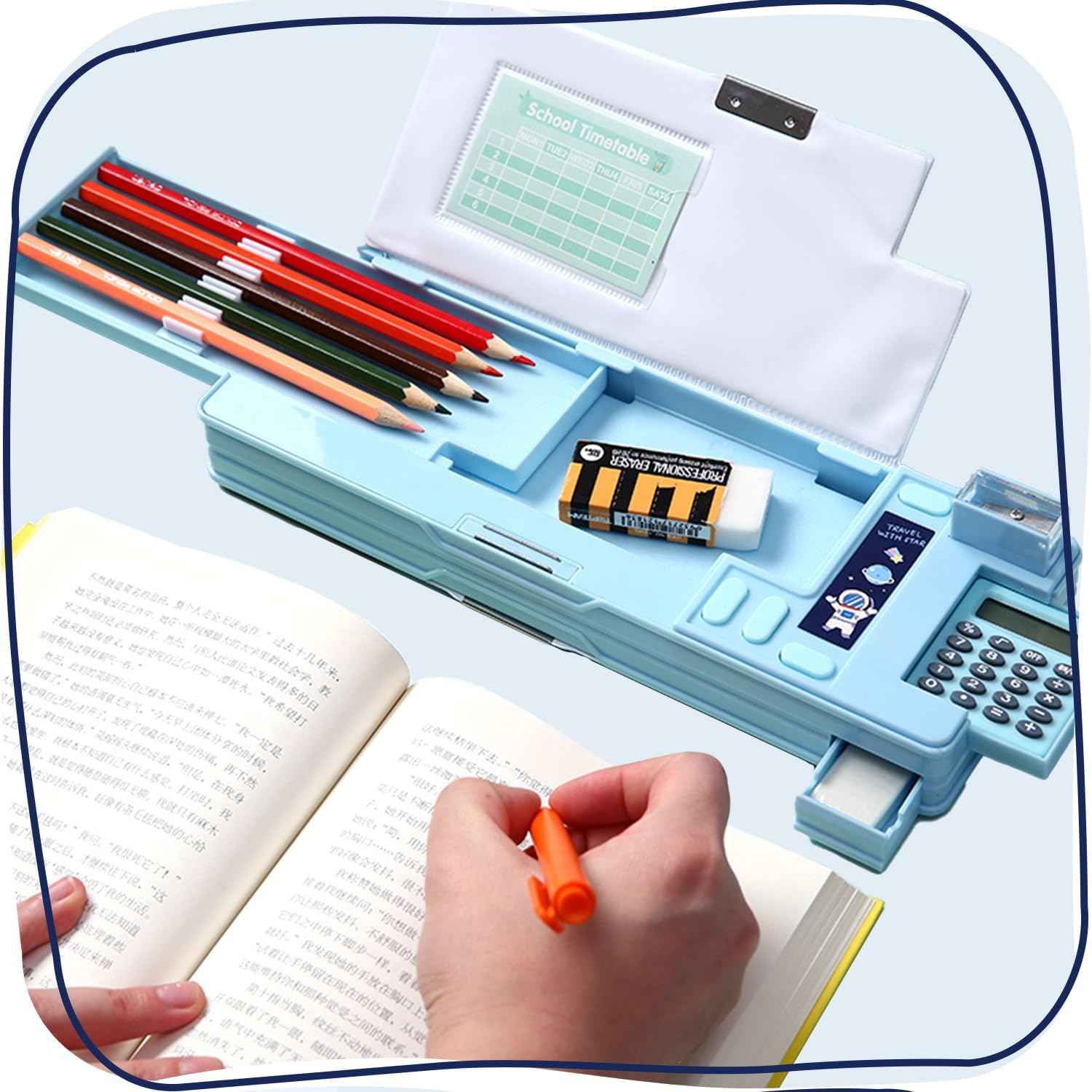 Multifunction Pencil Case with Calculator Sharpener Light Blue Space