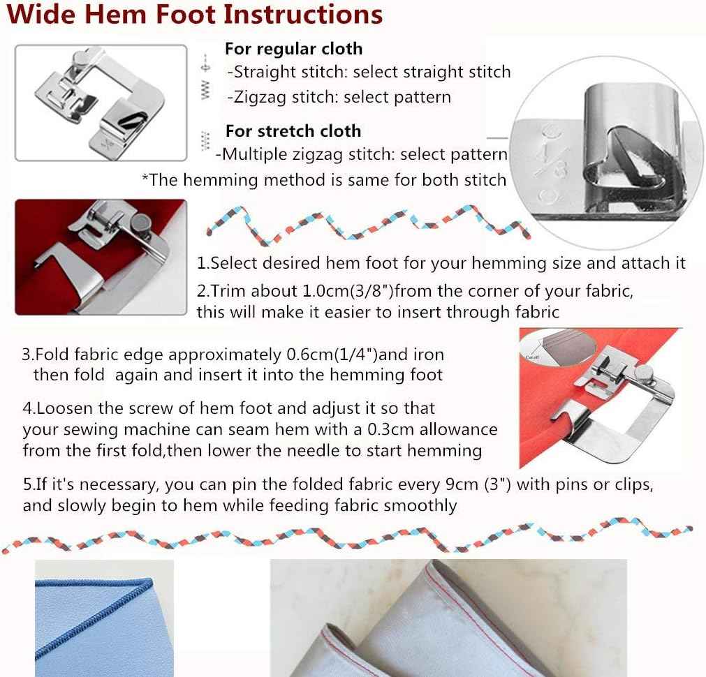 Wide hem presser foot instruction diagram with close-up of the rolled hem guide