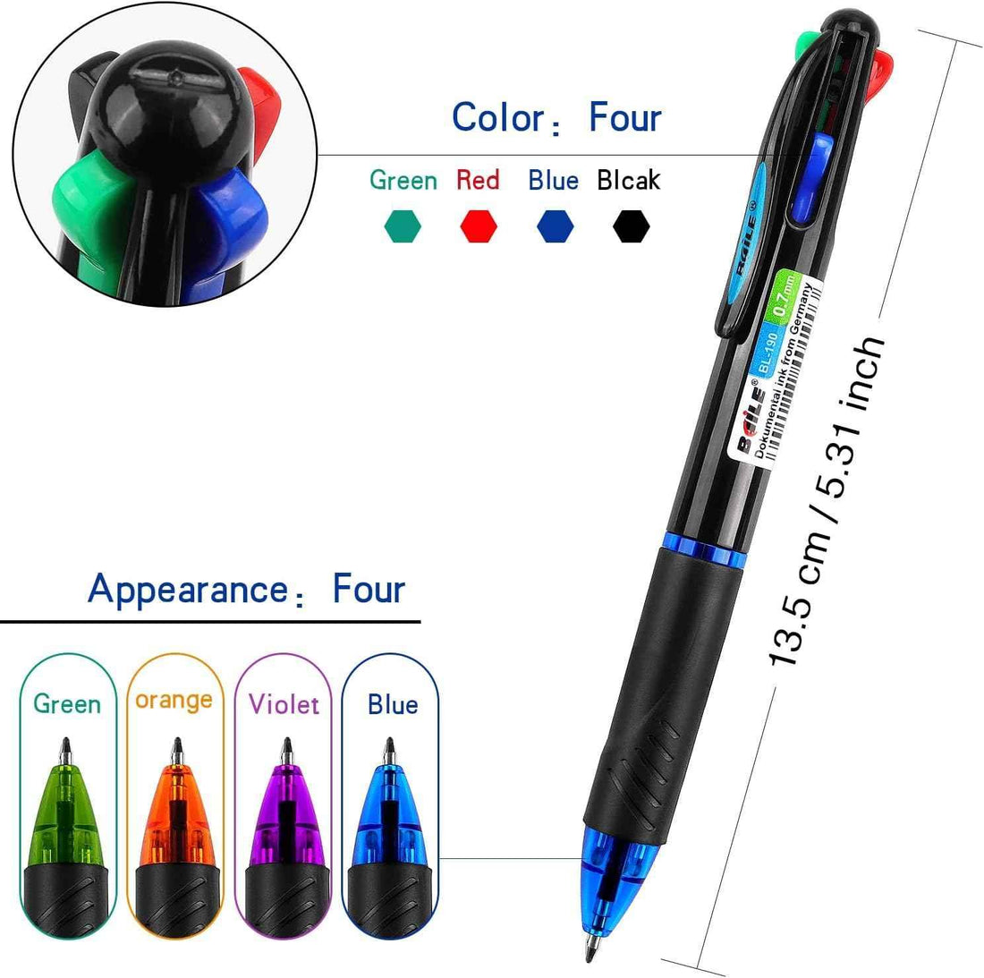 Multicolor Ballpoint Pens 4in1 0.7mm Retractable Gift Pens 4