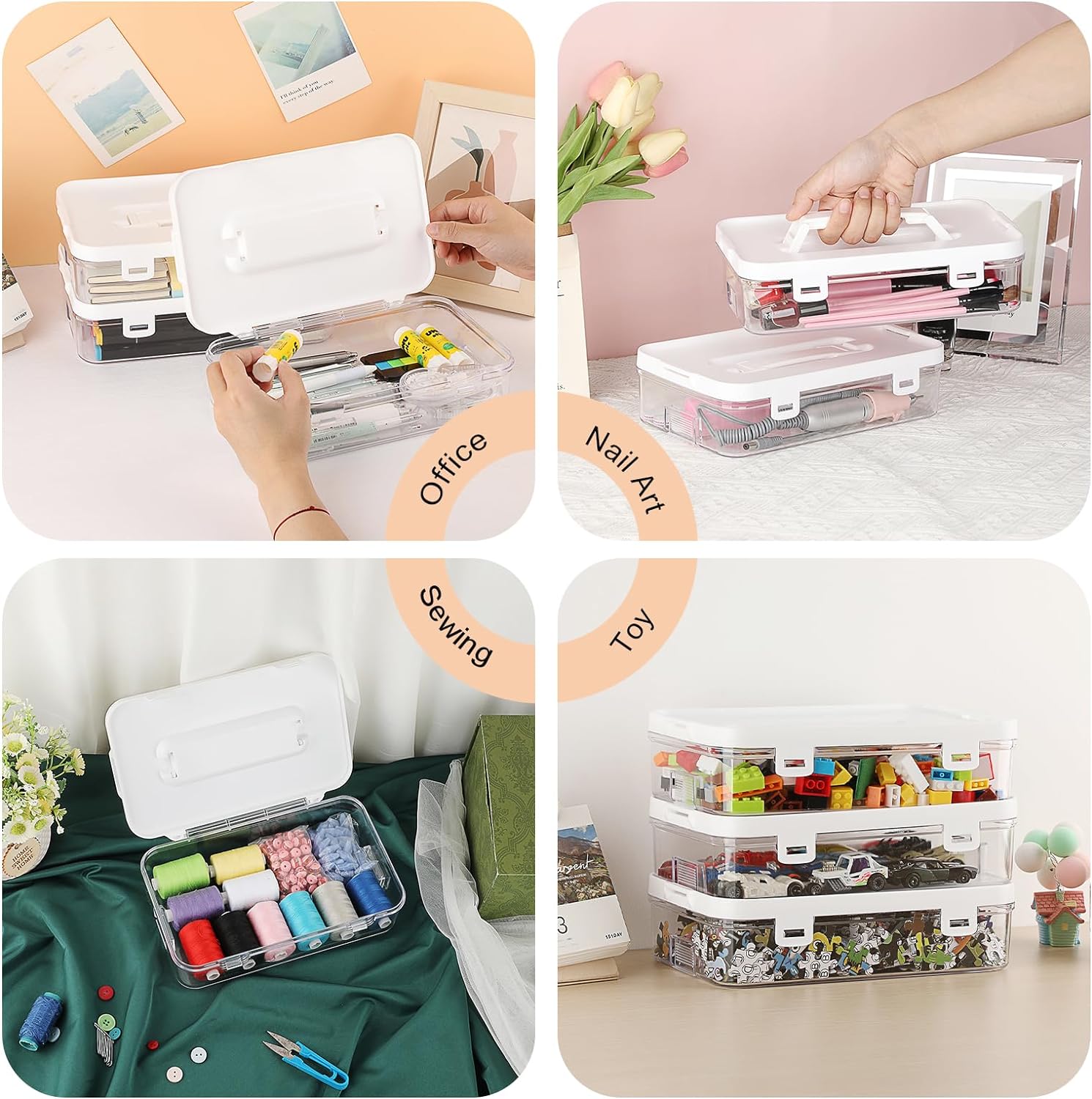 Clear Plastic Storage Container with Lid & Handle for Pencils Markers
