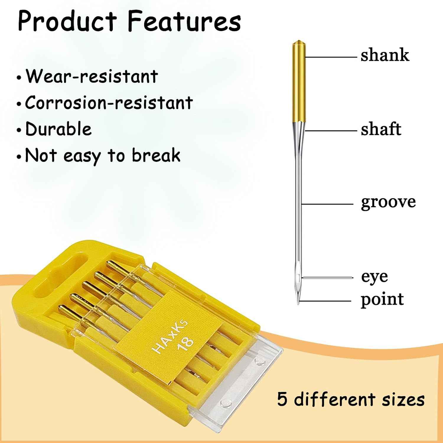 Sewing machine needles in a yellow case, metal needles with eye and point