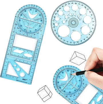 2PCS Multifunctional Geometric Ruler,Drawing Template Measuring Tool Blue