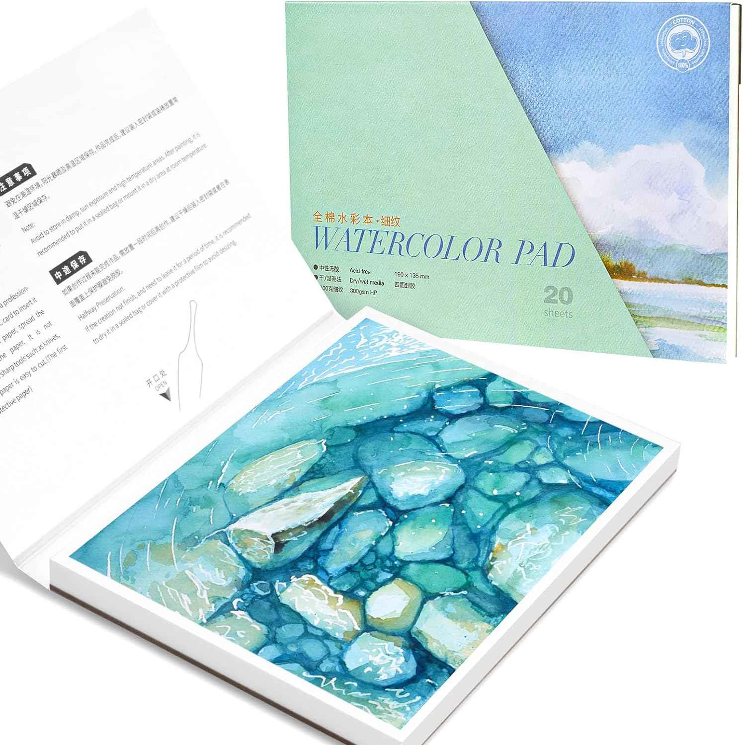 POTENTATE Watercolor Paper Block,100% Cotton,20 Sheets Fine Grain