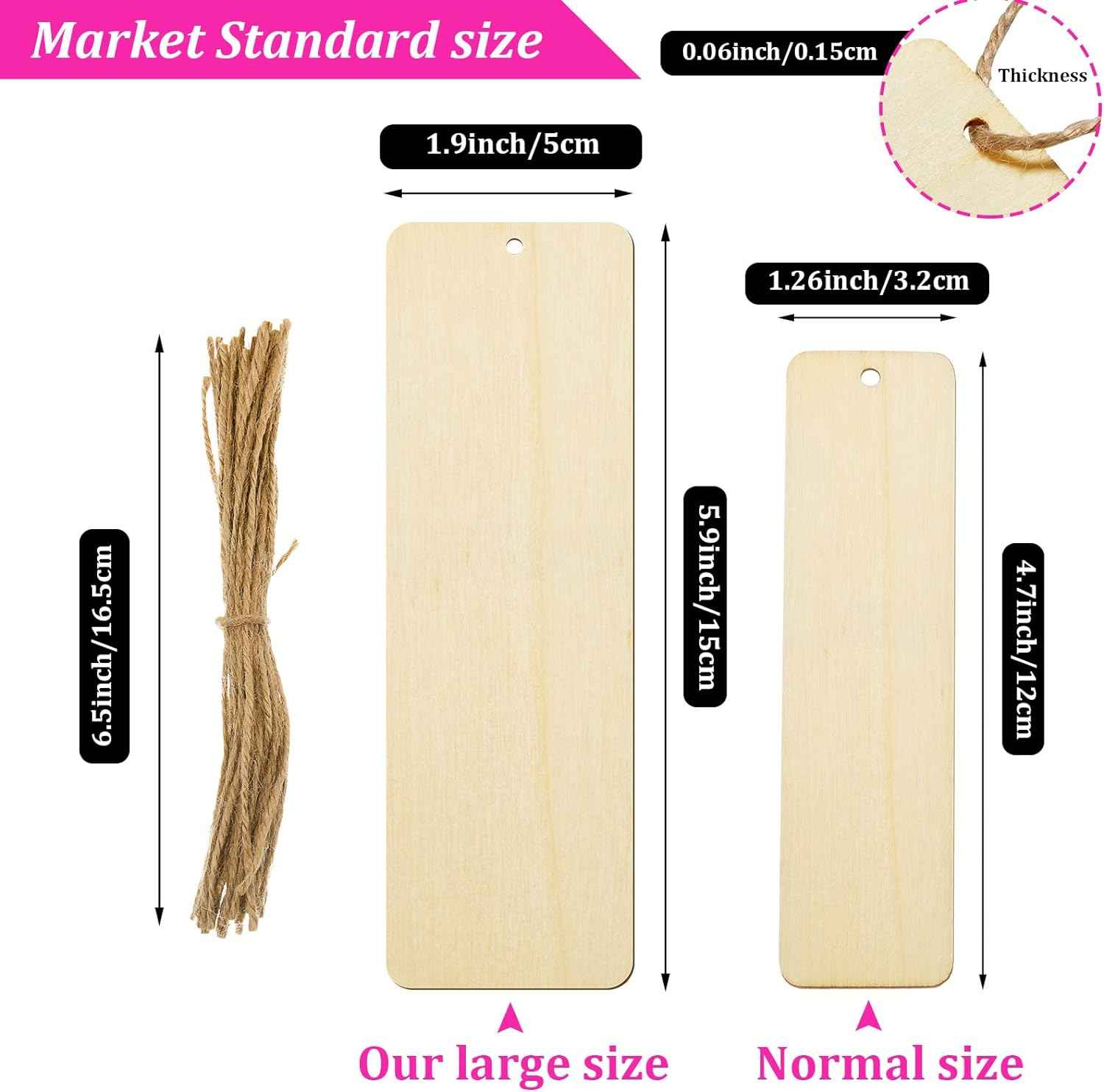 36 Unfinished Wood Blank Bookmarks Hanging Tags with Holes and Ropes 6 x 2 Inch