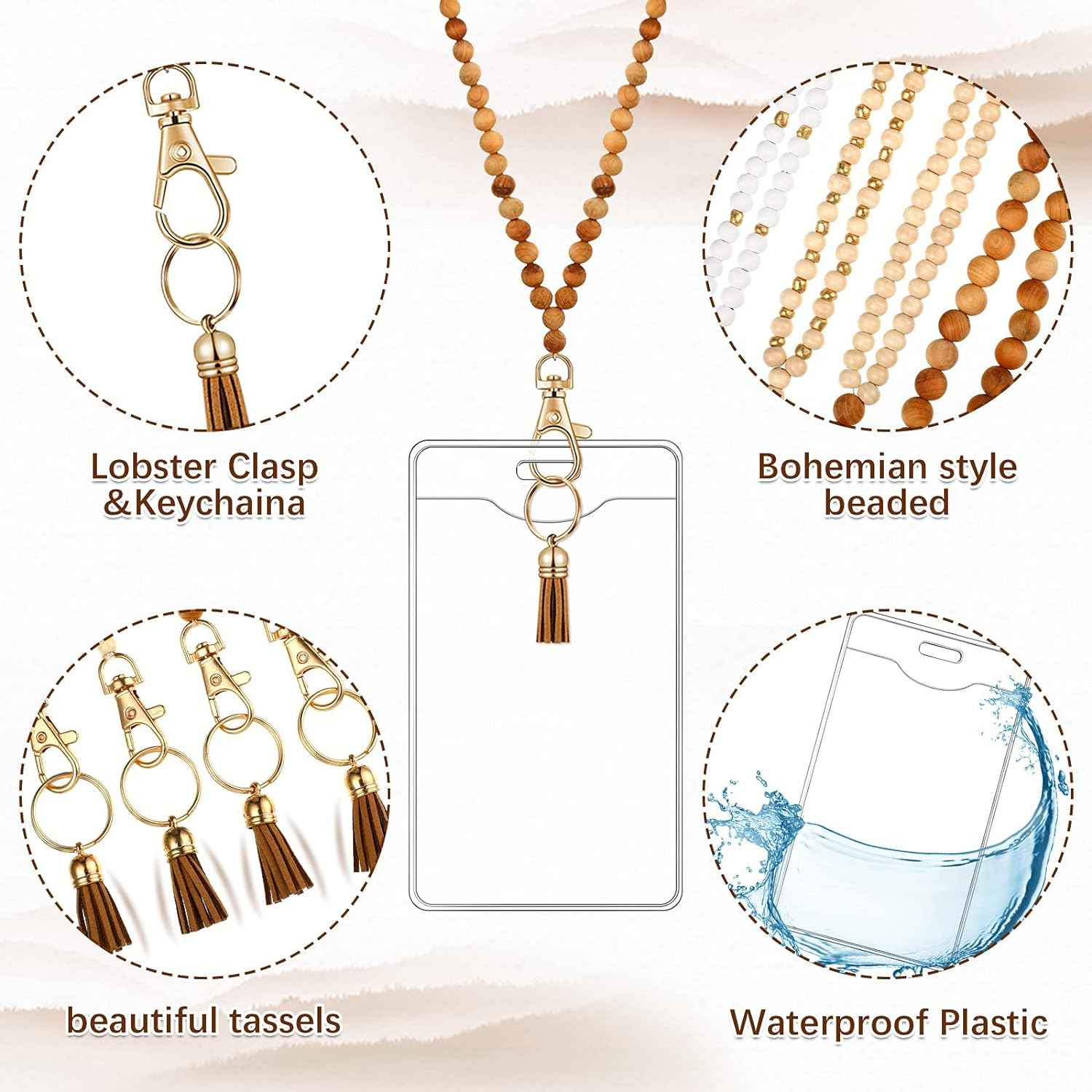 12 Pieces Wood Beaded Lanyards and Card Holder Set