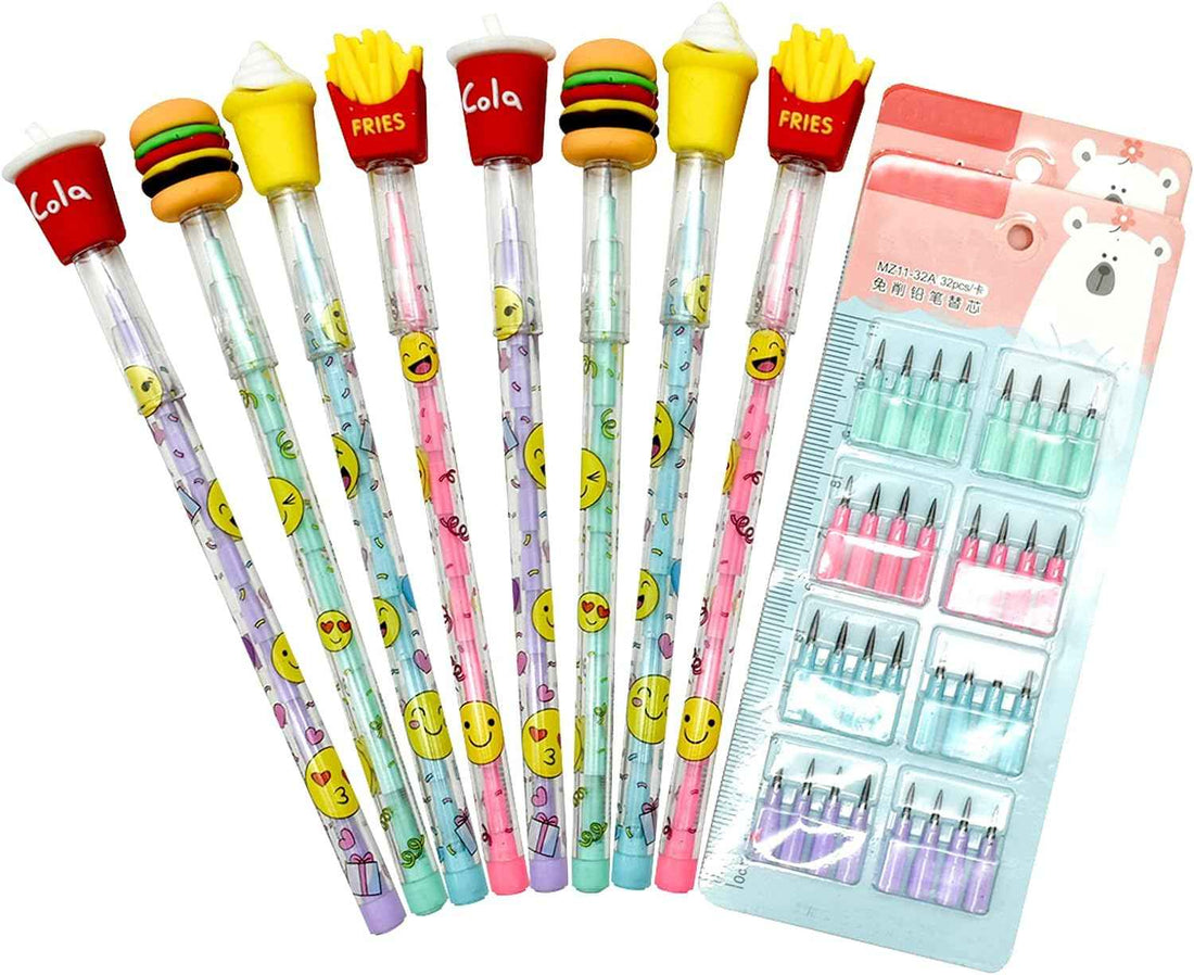 12PCS Food Stackable Pencils Hamburger Ice Cream Cola with 64 Refills