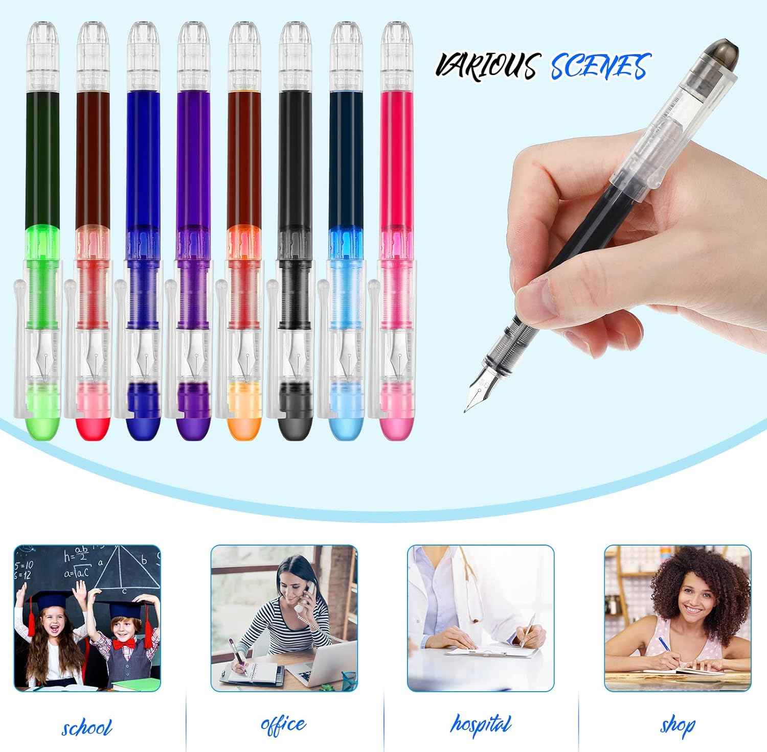 16 Pieces Colored Ink Disposable Fountain Pens Extra Fine Point Nib