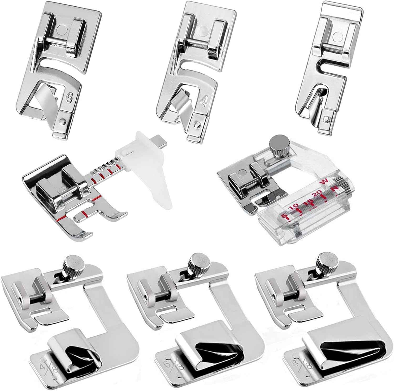 8-piece presser foot set: multiple chrome sewing machine feet for different stitches