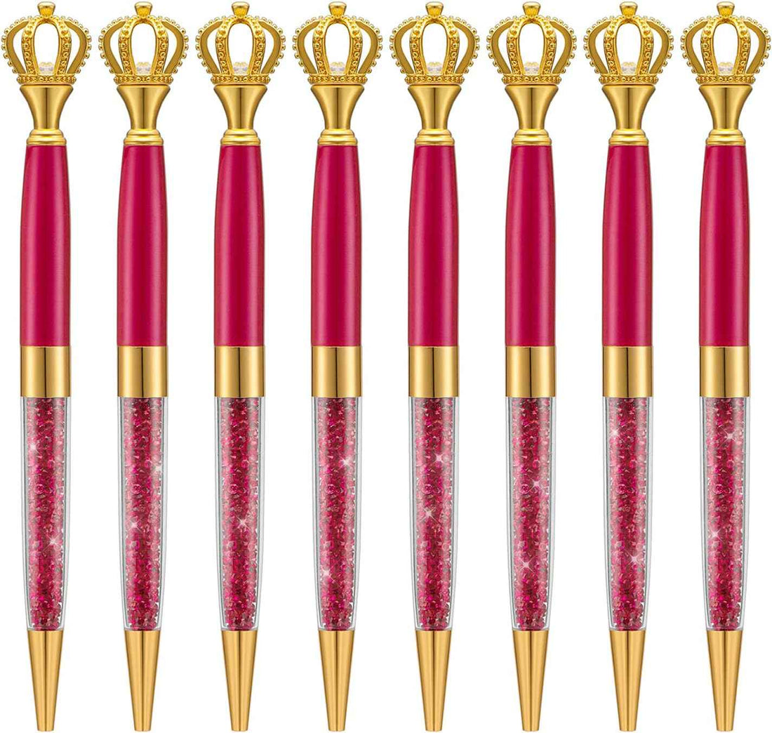 8 Pieces Crystal Crown Ballpoint Pen Set for Women Kid Girl Red