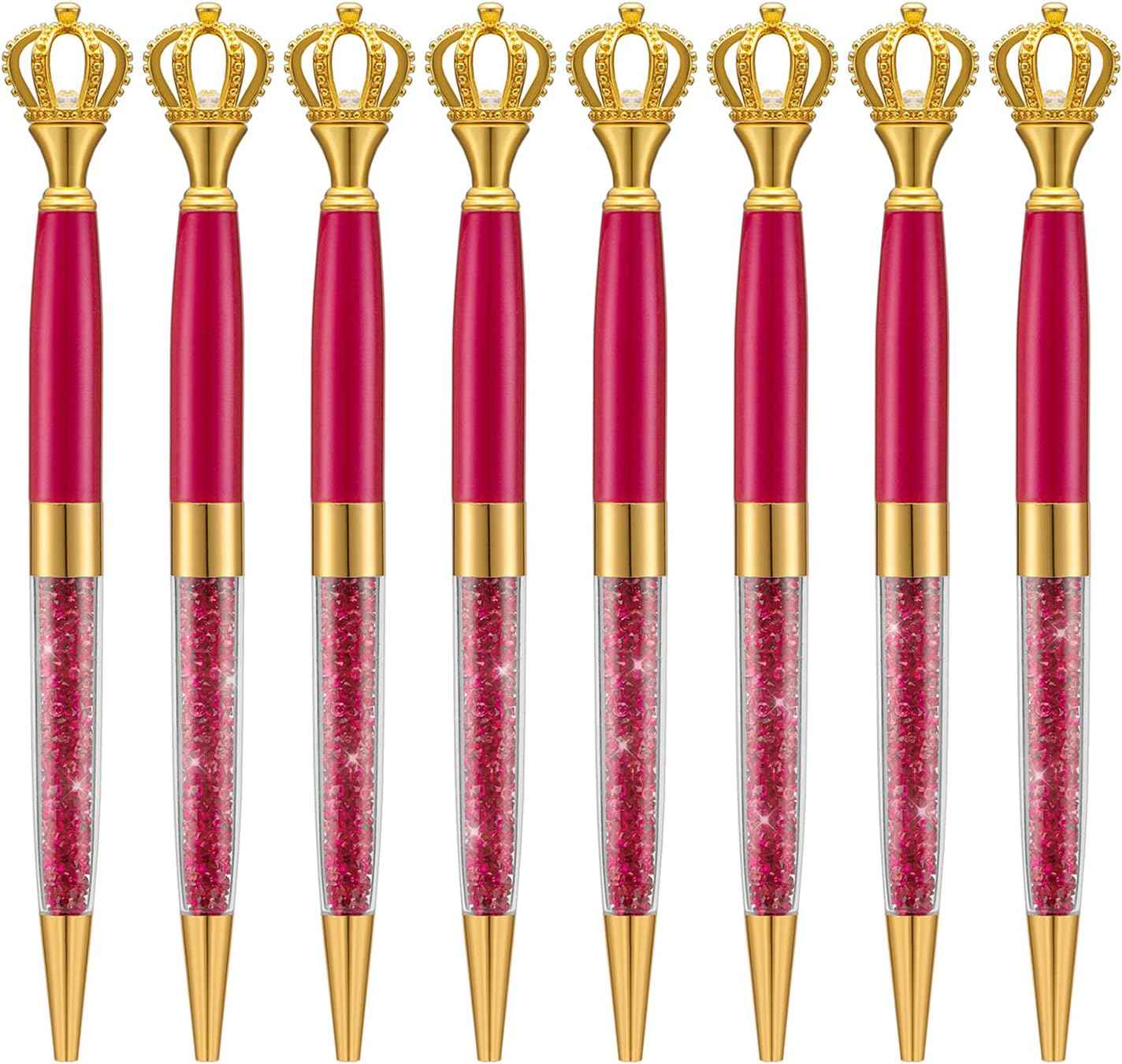 8 Pieces Crystal Crown Ballpoint Pen Set for Women Kid Girl Red