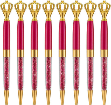 8 Pieces Crystal Crown Ballpoint Pen Set for Women Kid Girl Red