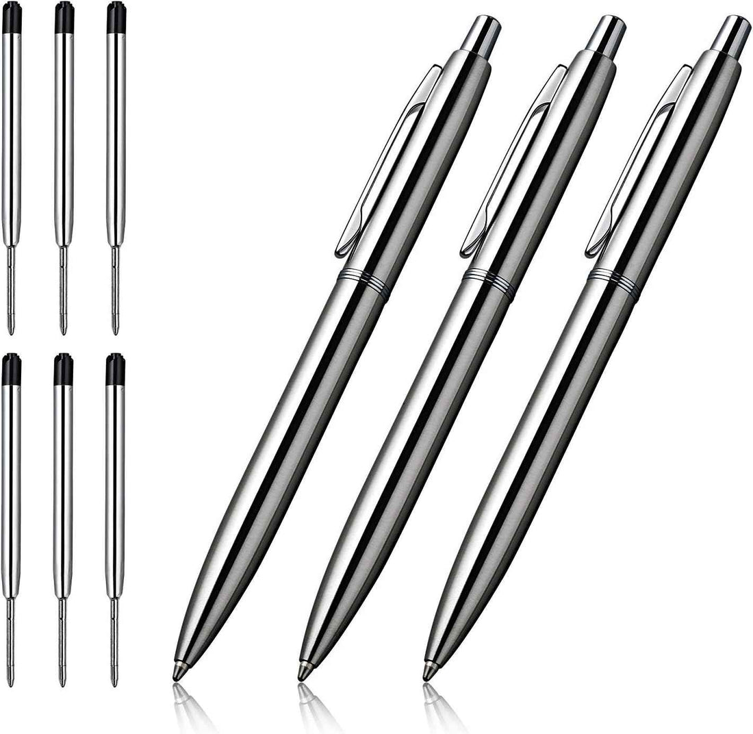 3Pcs Retractable Stainess Steel Metal Ballpoint Pens,6 Replaceable Refills