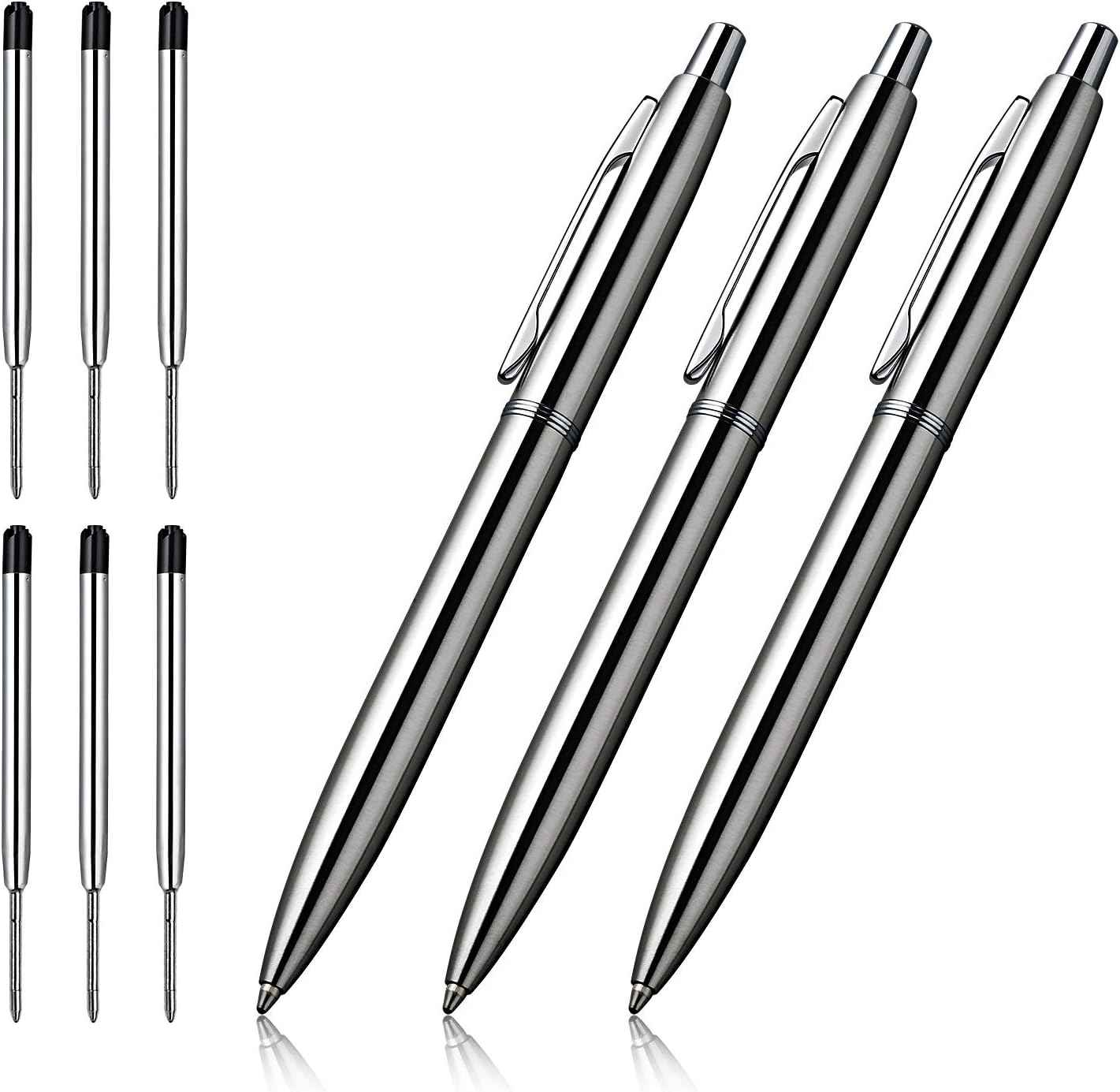 3Pcs Retractable Stainess Steel Metal Ballpoint Pens,6 Replaceable Refills