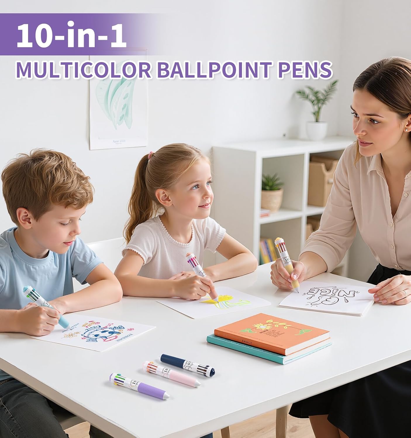 6 Pack 10-in-1 Multi-Color Ballpoint Pens - 57 Total Colors (0.8mm Fine Tip)