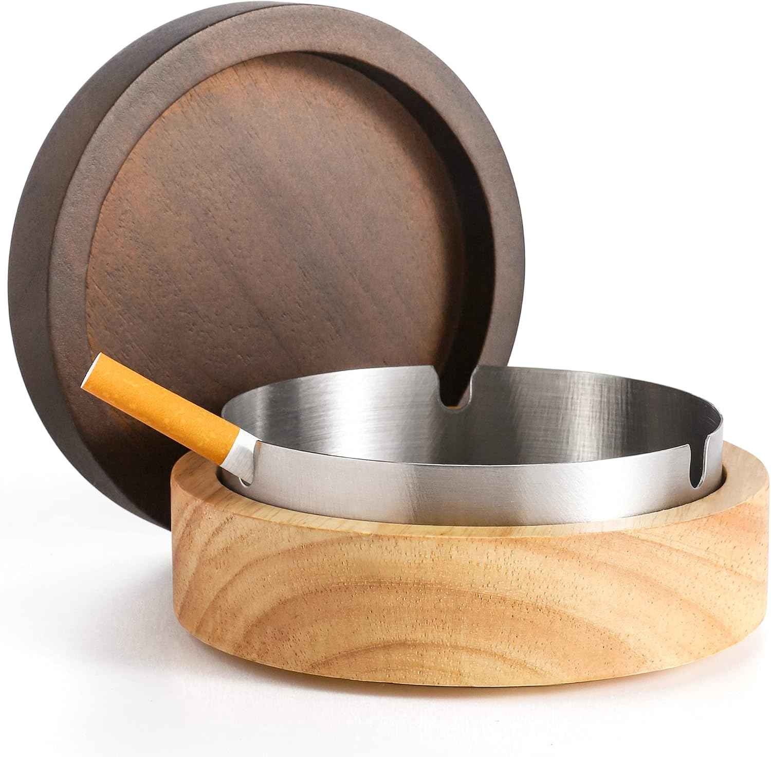 Wooden Stainless Steel Ashtray for Cigarettes with Lid Silver 2