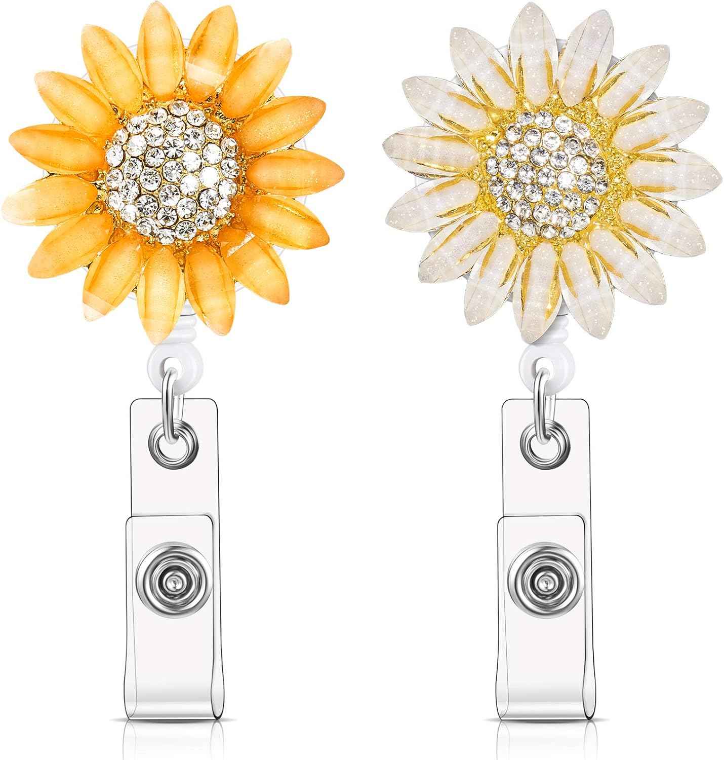 Retractable Sunflower Badge Reel Holder with Alligator Clip 2 Pack Orange, White