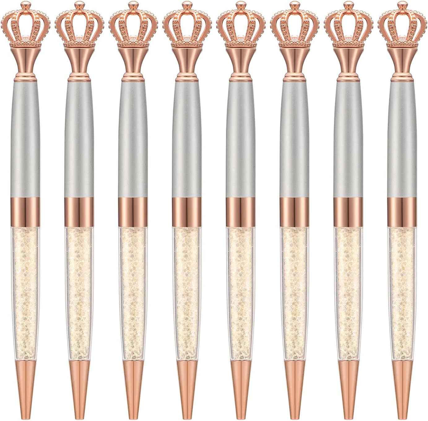 8 Pieces Crystal Crown Ballpoint Pen Set for Women Kid Girl Silver