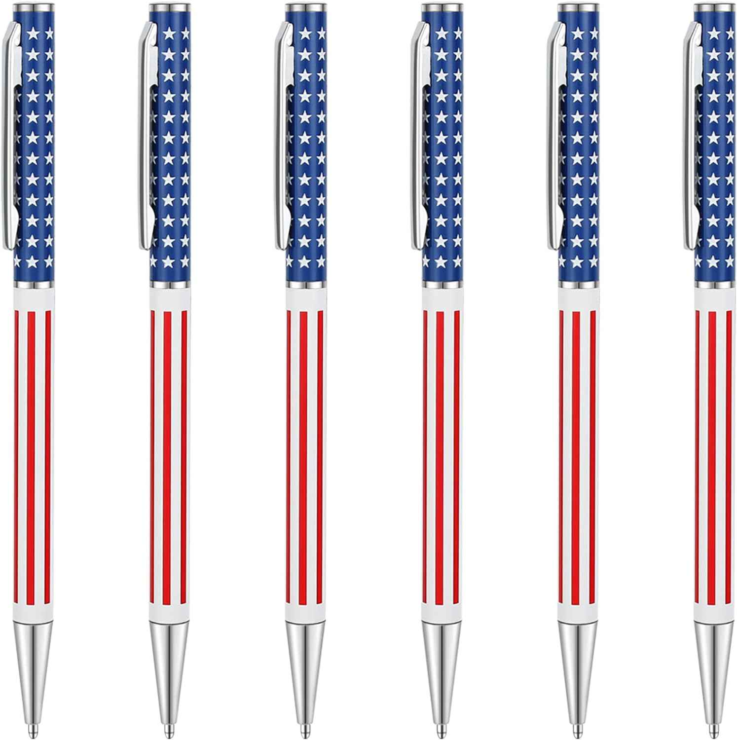6pcs Slim Metal Retractable Ballpoint Pens,Silver Gold Patriotic American Flag Patriotic Silver