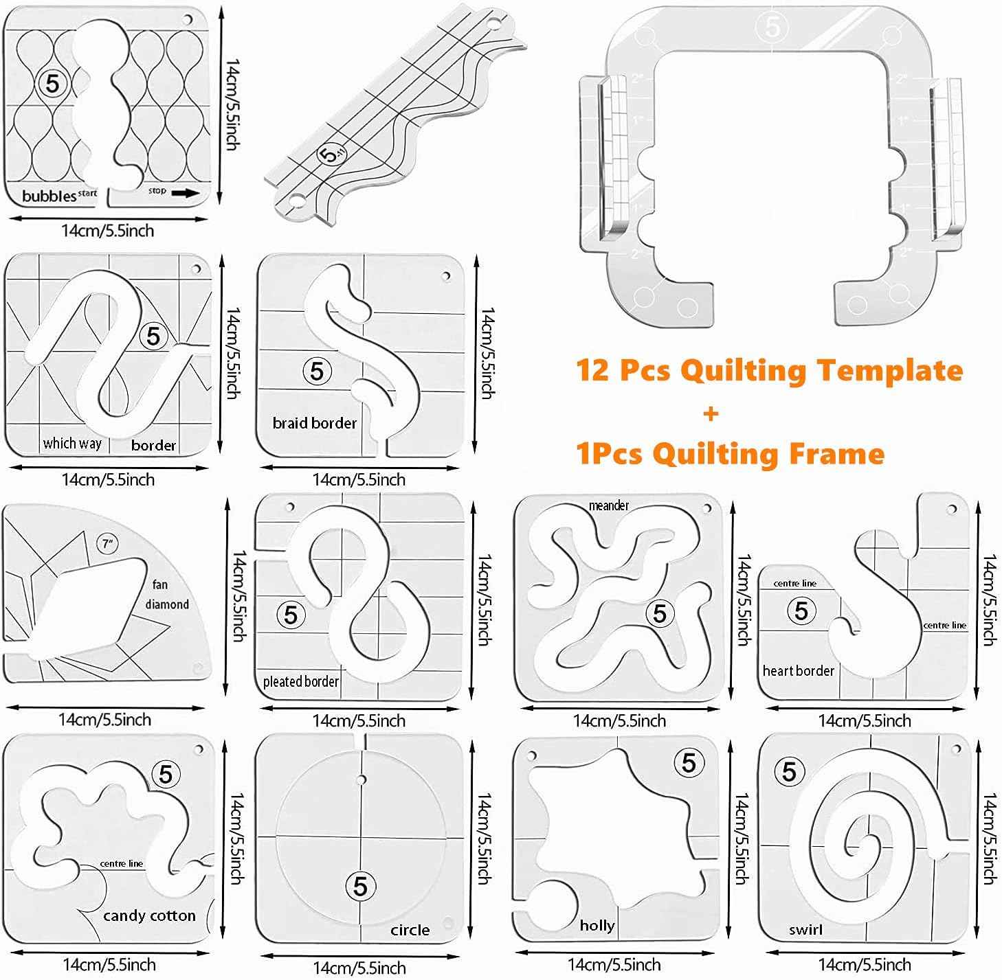 Quilting template set with frame and 12 motion motifs, numbered diagrams