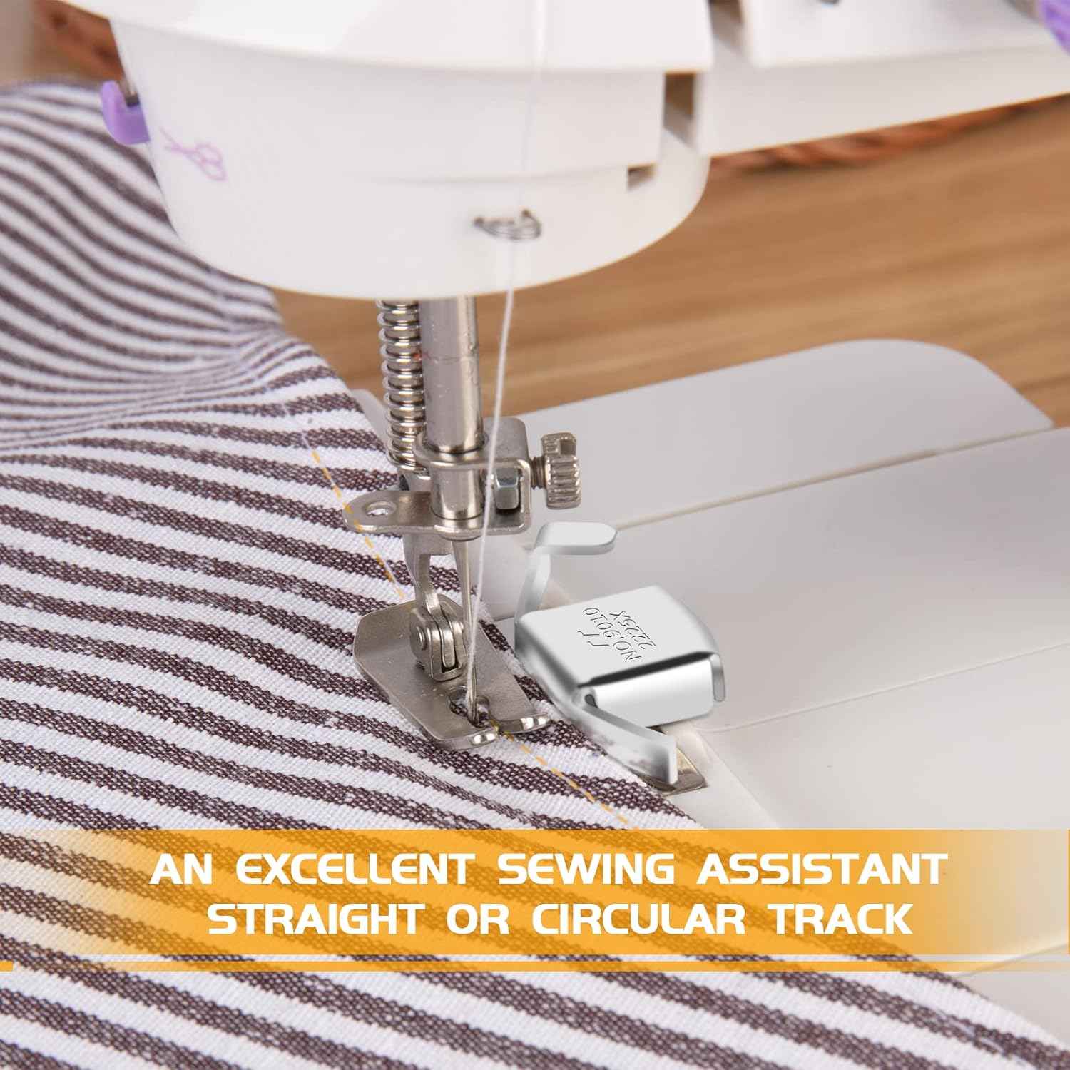 Magnetic seam guide helping position striped fabric under presser foot