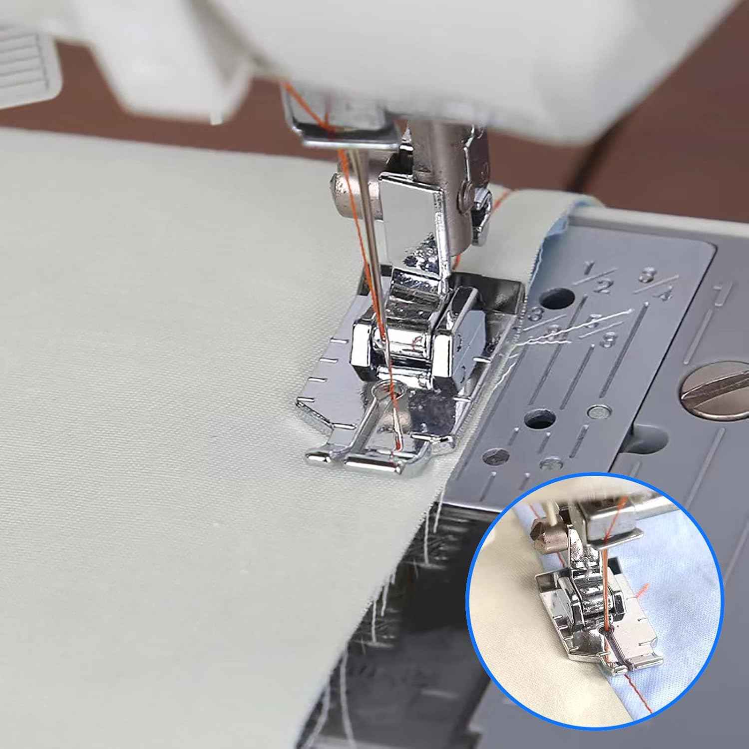 1/4 inch piecing foot on sewing machine, stitching along fabric edge