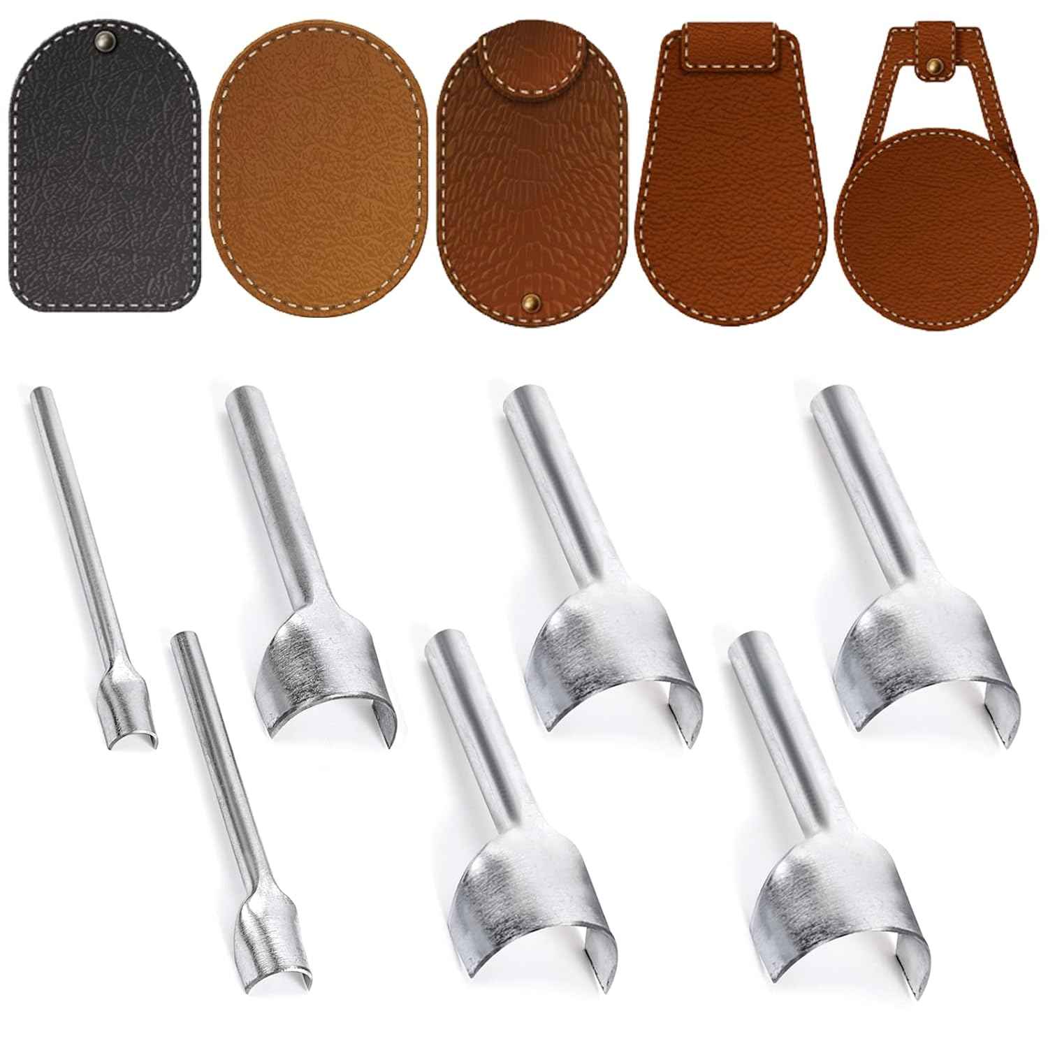 Half-round leather edge cutter punch set with example cut leather shapes