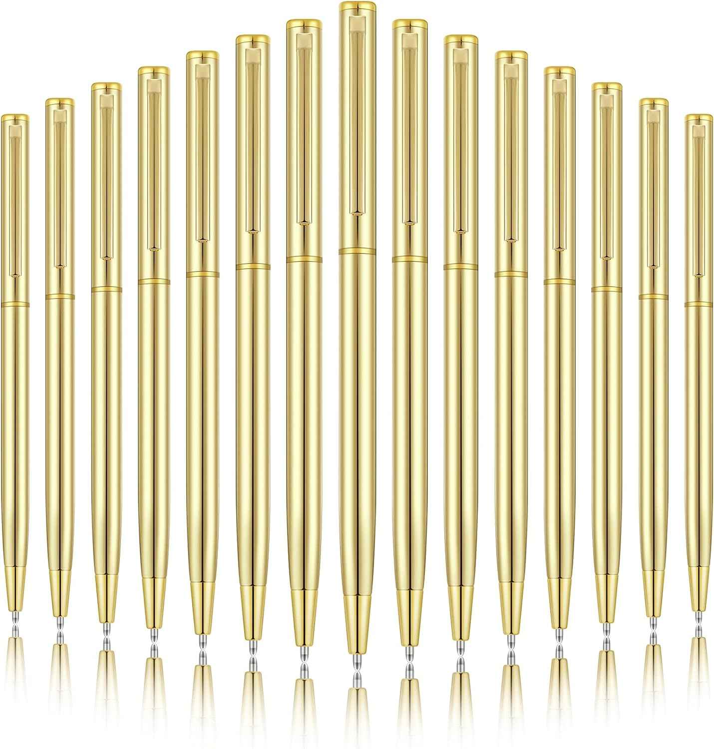 Gold Slim Metal Retractable Ballpoint Pens Black Ink 1mm 15 Pack