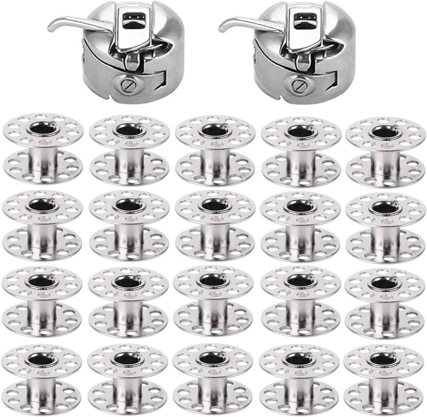 Metal bobbin case with lever and stacked silver bobbins (20 pcs)