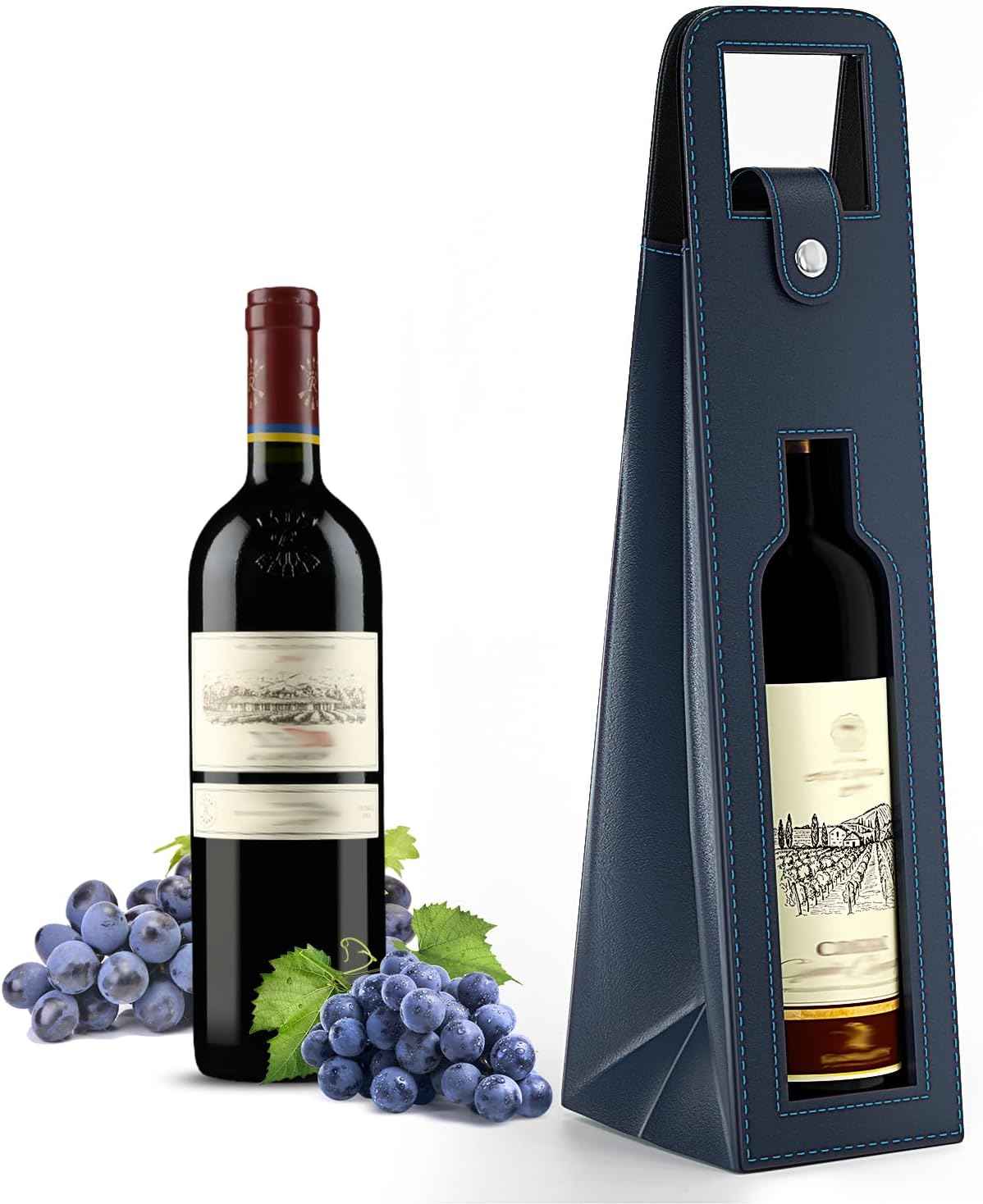 2 Pack Wine Gift Bag, Reusable Leather Wine Tote Carrier Blue B