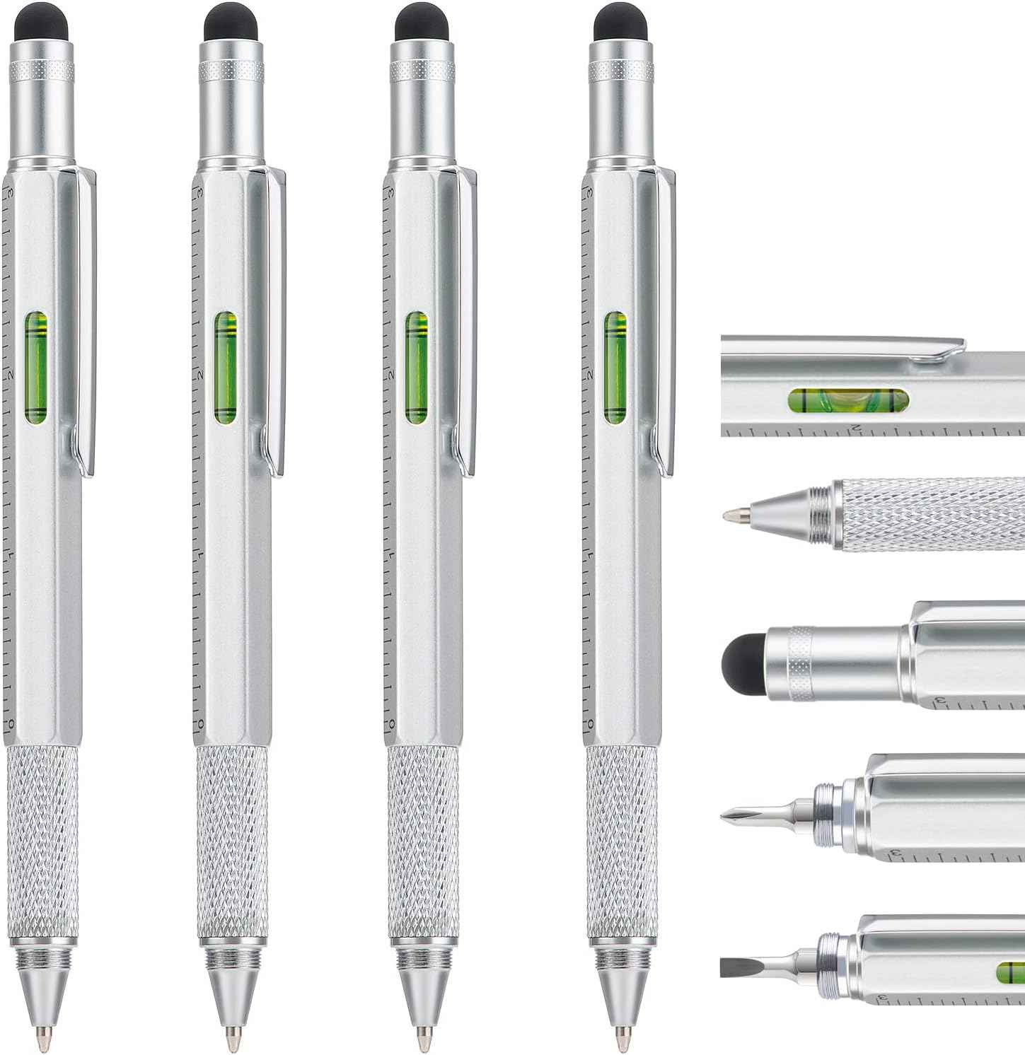4 Pack 6IN1 Multitool Pen with Extra Refills Set Silver