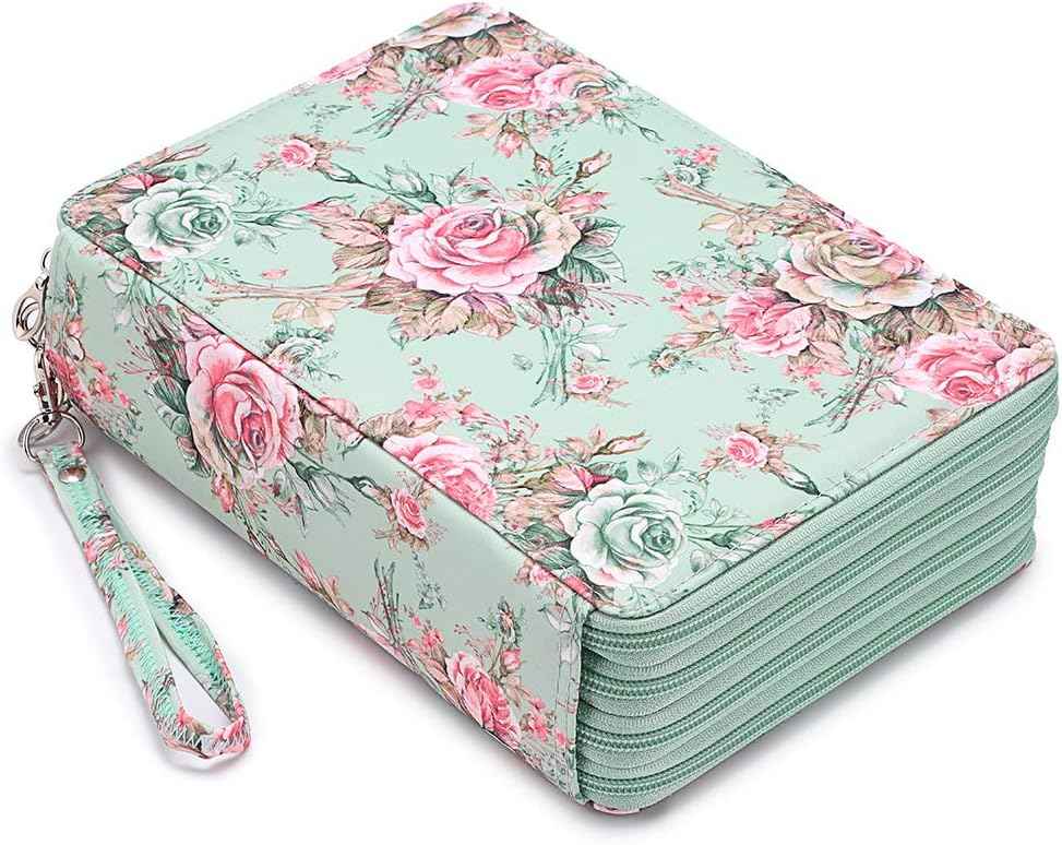 200 Slots Colored Pencil Case Large Capacity Pencil Organizer Green Rose
