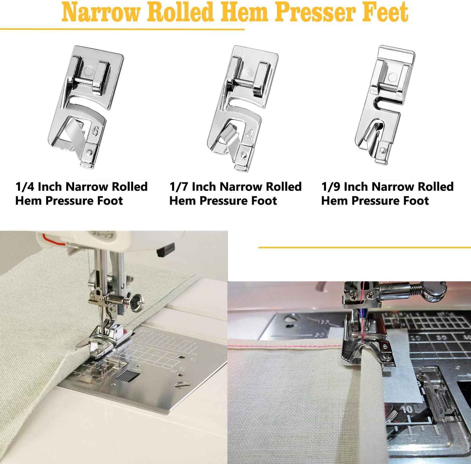 Narrow rolled-hem presser feet set: 1/4, 1/7, and 1/9 inch hem widths