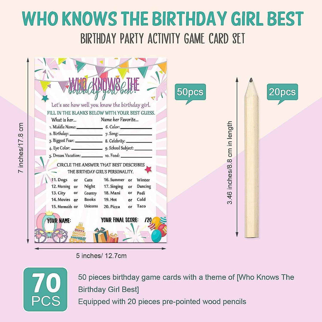 50 Pcs Birthday Party Activity Game Card Set with 20 Pcs Wood Pencils