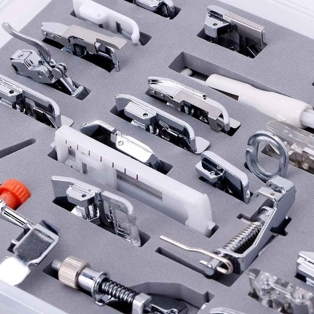 Presser foot kit organizer tray with multiple snap-on feet and guide slots