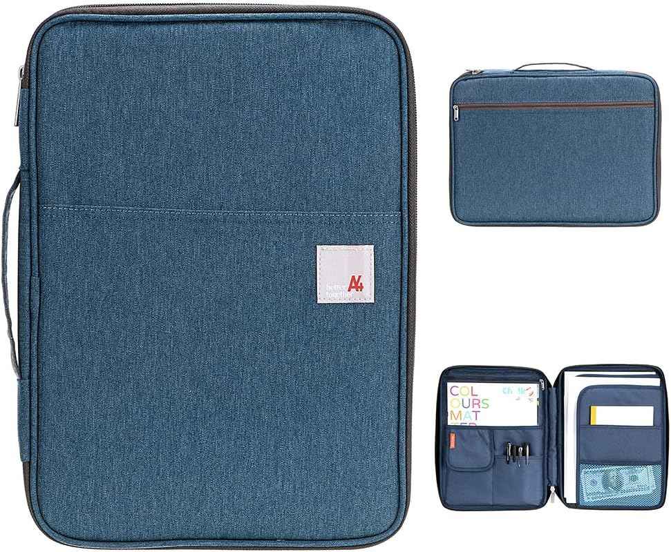 A4 Document File Bags Portfolio Organizer- Zipper Case Navy Blue