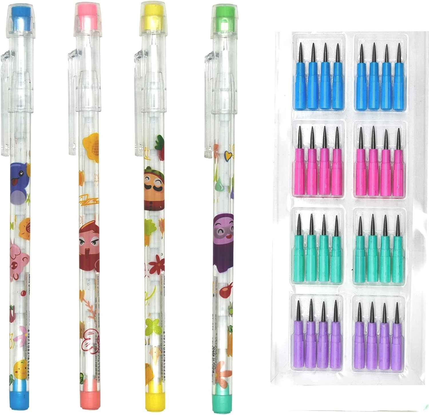 12PCS Cute Animals Non Sharpening Stackable Pencils with 64 Refills