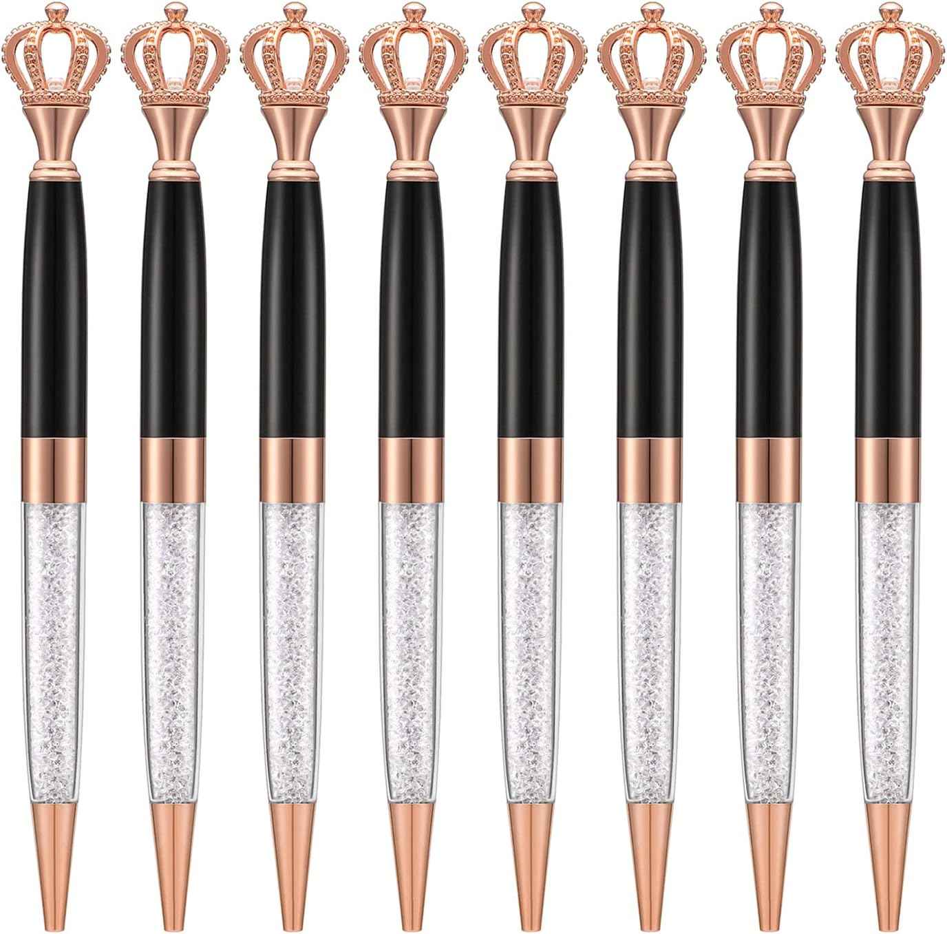 8 Pieces Crystal Crown Ballpoint Pen Set for Women Kid Girl Black