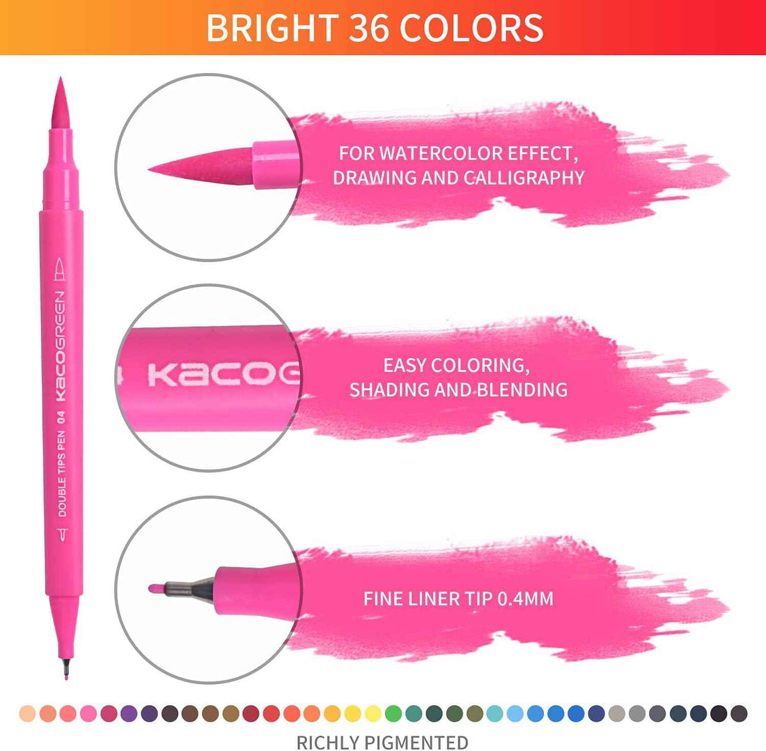 Kaco 36 Artist Coloring Art Markers Dual Tip Pens